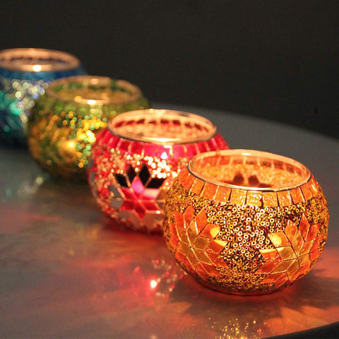 SHMILMH front view of four-color mosaic votive set showing vibrant packaging and colors