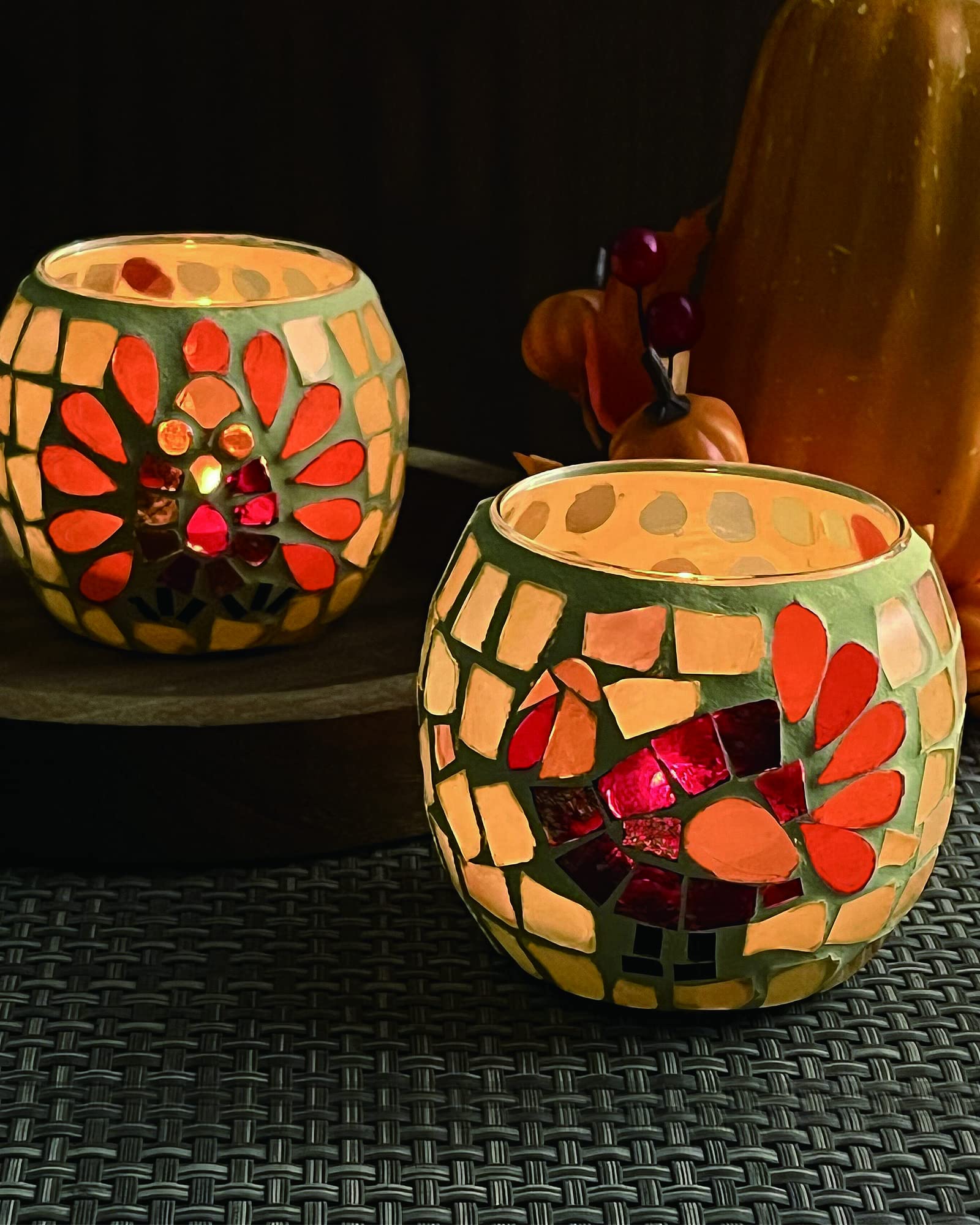 SHMILMH front view showing four turkey mosaic votive holders and brand appeal
