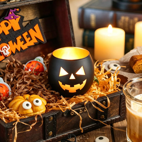 SHMILMH mantel display with holders and foliage creating layered Halloween centerpiece