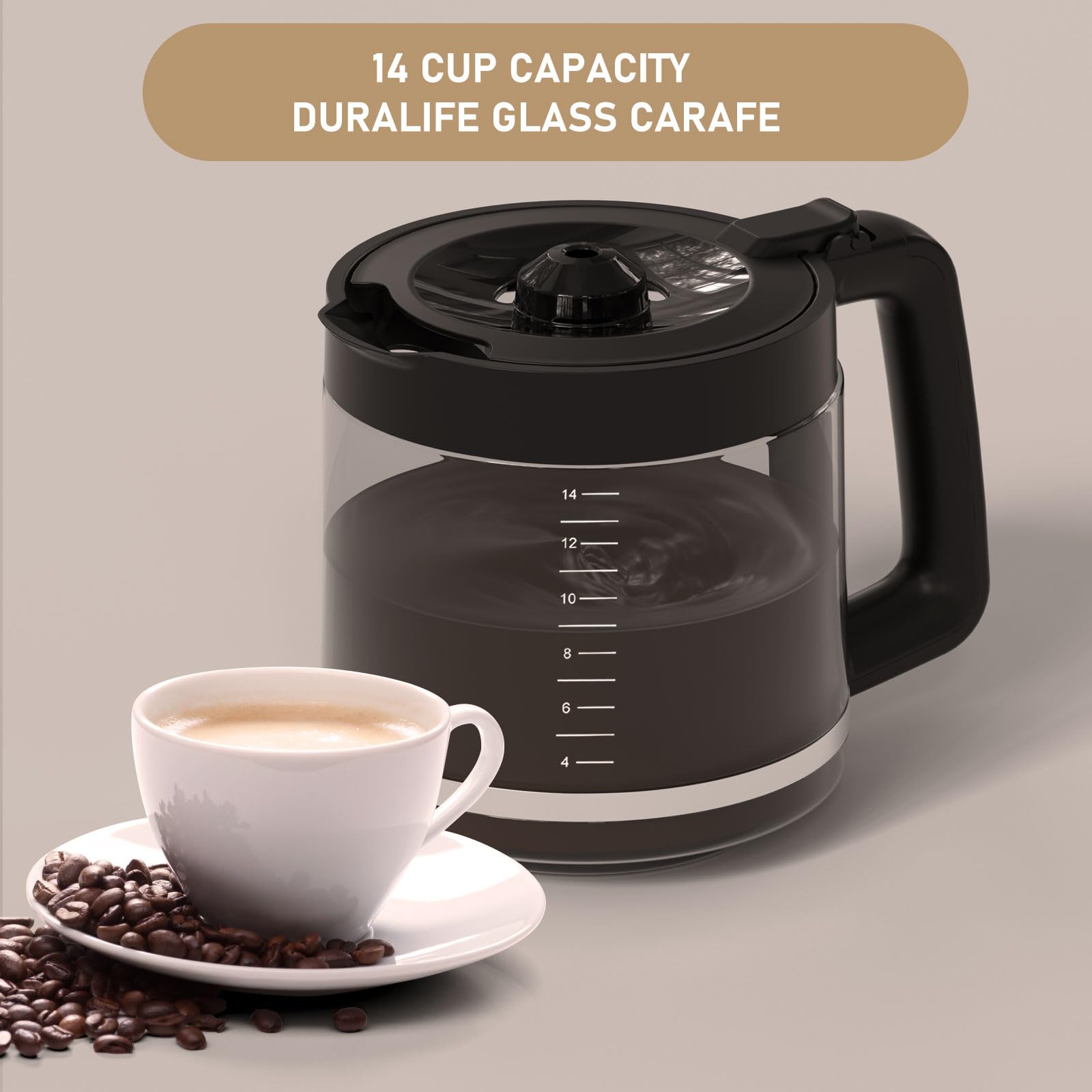 Shonshon carafe next to measuring cup showing true 14-cup capacity