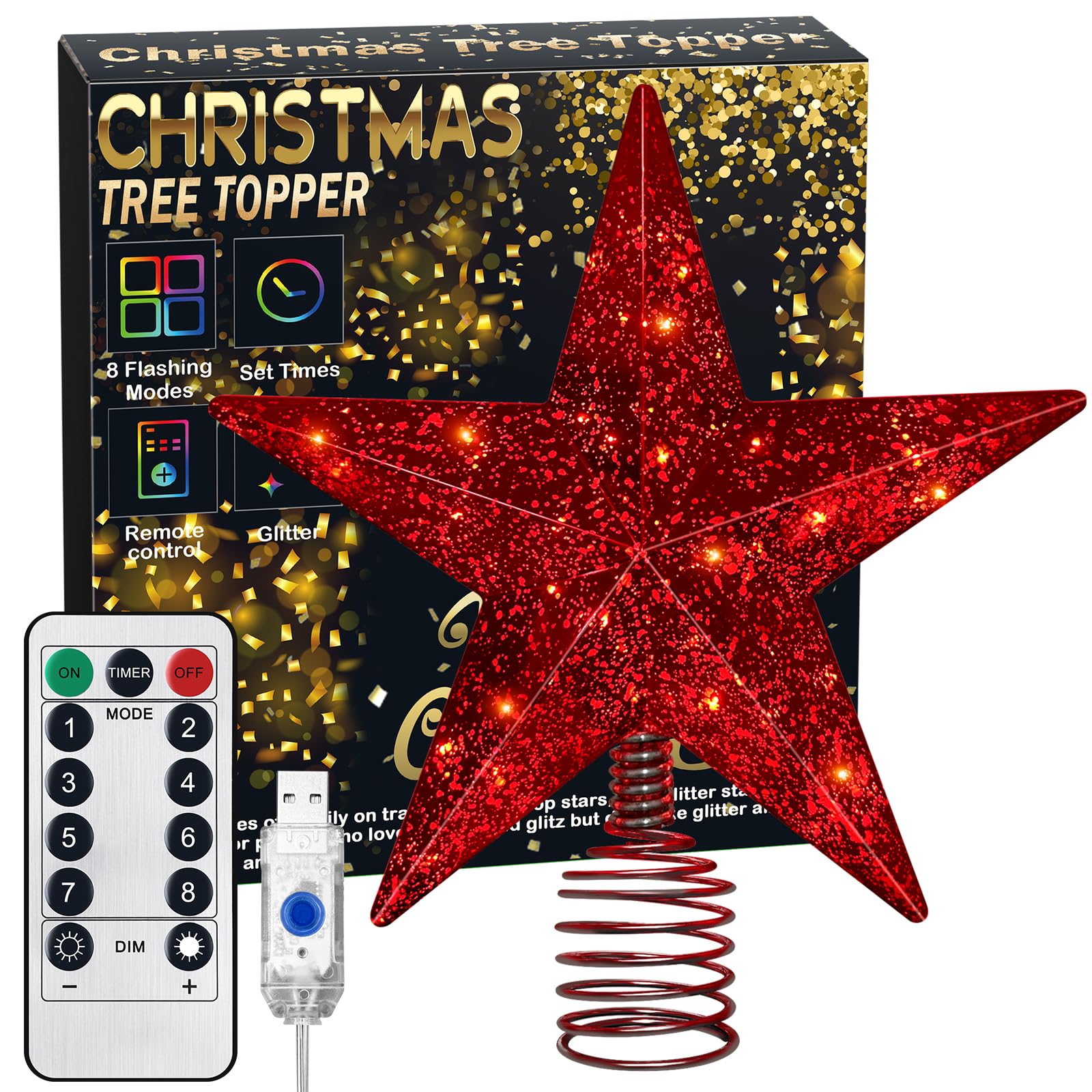SHPMXUPW red star front view showing glowing LEDs and festive shape benefit: instant tree crown