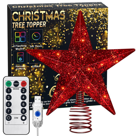 SHPMXUPW red star front view showing glowing LEDs and festive shape benefit: instant tree crown