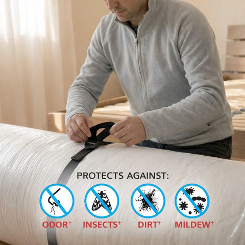 Shrink-Pak compressed mattress side view showing reduced volume