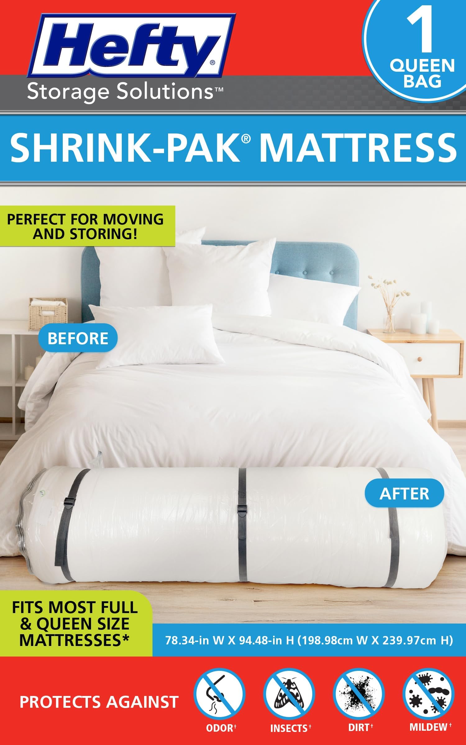 Shrink-Pak front packaging showing full/queen size and protection benefits