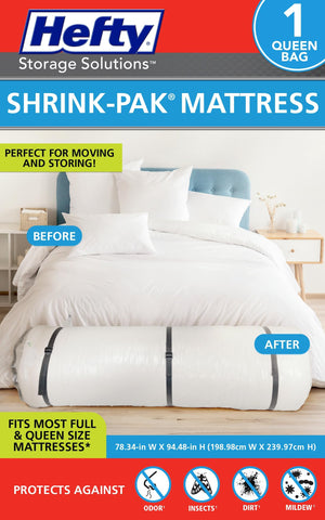 Shrink-Pak front packaging showing full/queen size and protection benefits