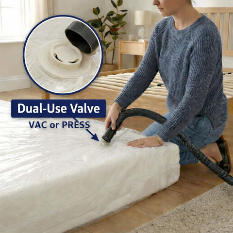 Shrink-Pak dual-use valve detail for vacuum or manual compression