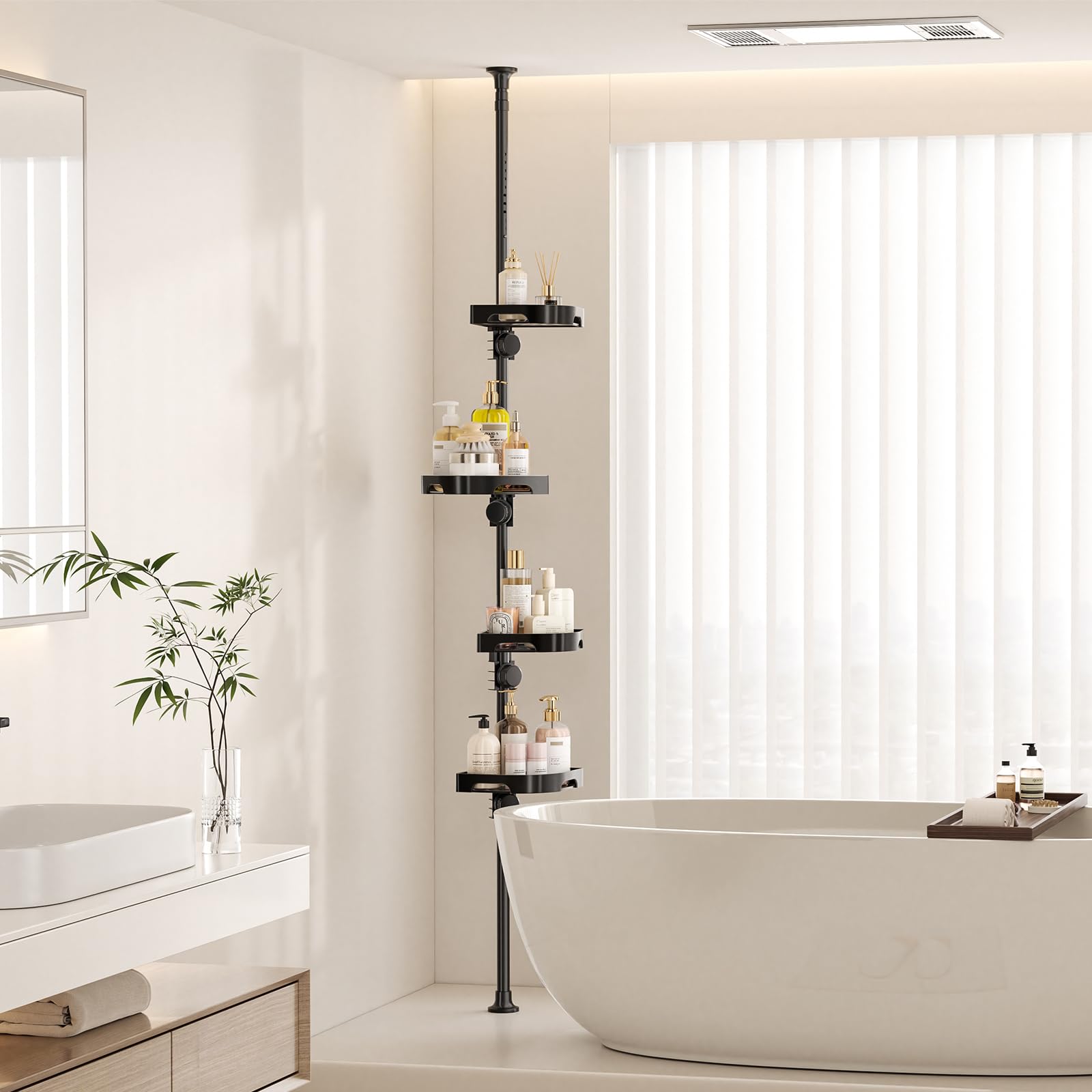 shuang qing bathroom lifestyle scene with towels and bottles, declutters and styles bath