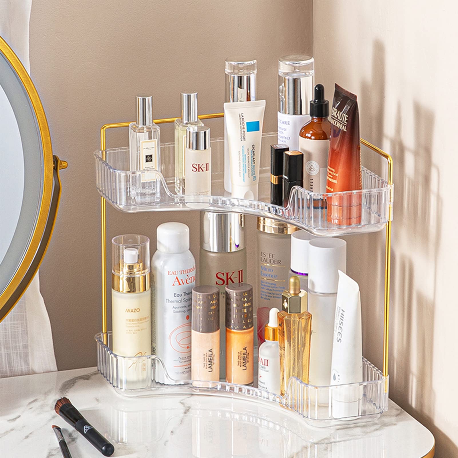 shuang qing front view corner organizer showing tidy toiletries and space saving