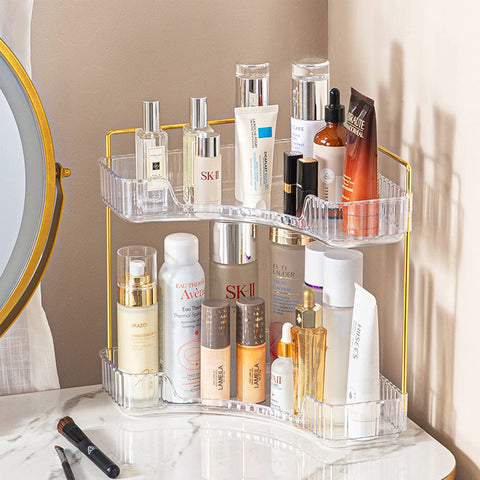 shuang qing front view corner organizer showing tidy toiletries and space saving