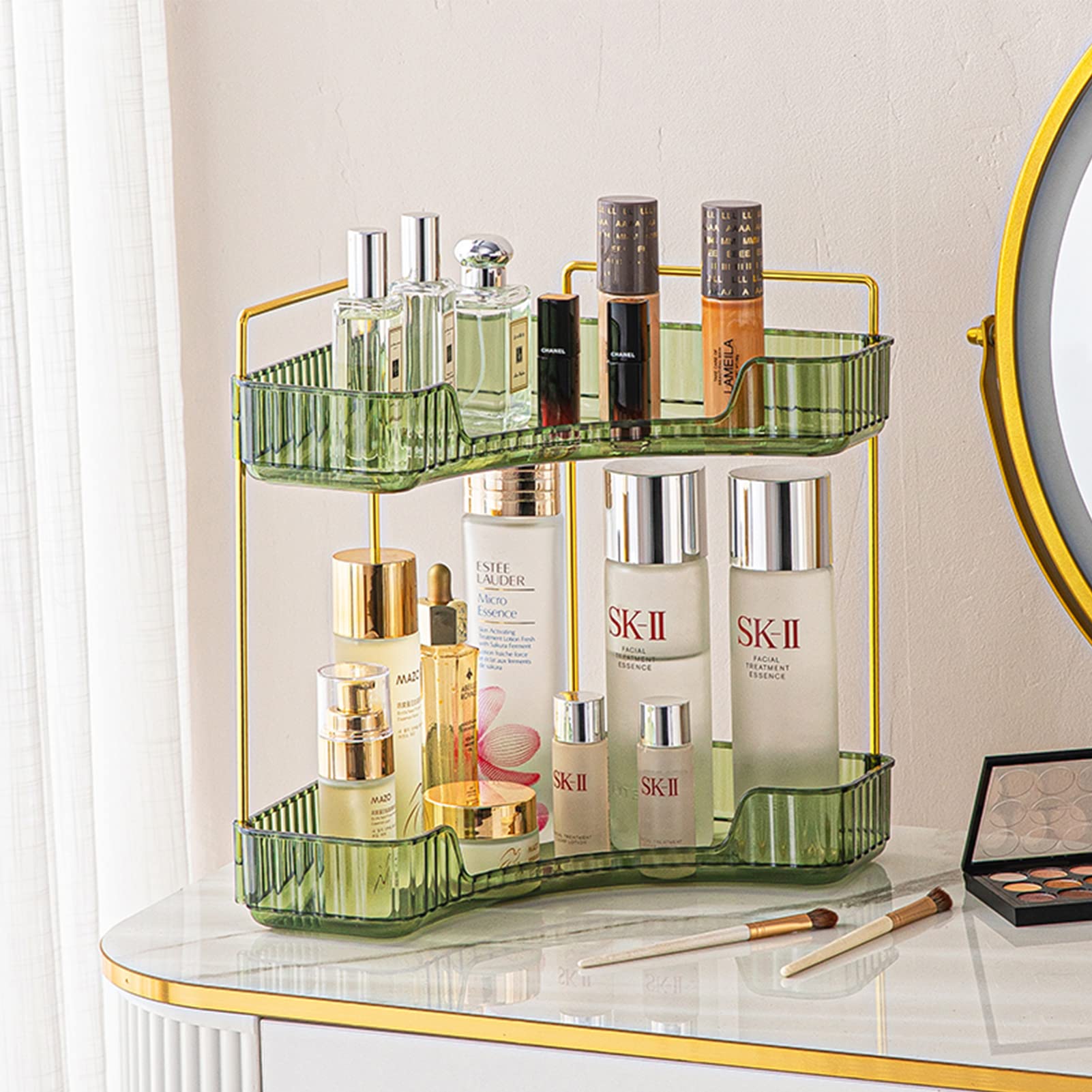 shuang qing front view corner shelf showing compact footprint and organized toiletries