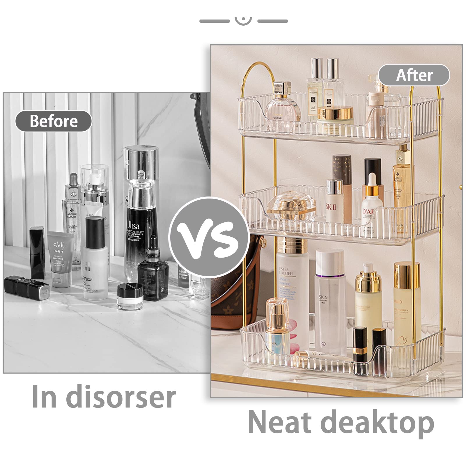 shuang qing organizer on vanity with skincare for fast access and decluttered counter