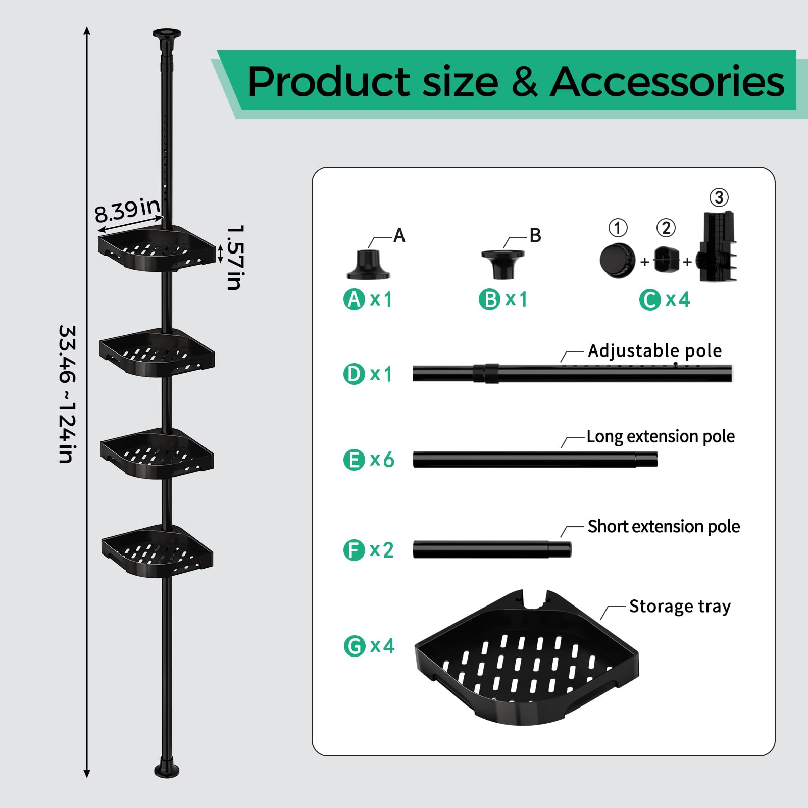 shuang qing installed in shower corner holding bottles, creates organized shower space