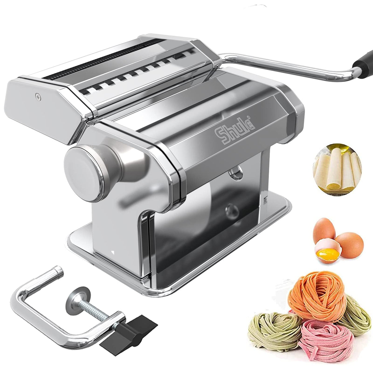 Shule front view stainless steel pasta maker showing durable build and easy operation