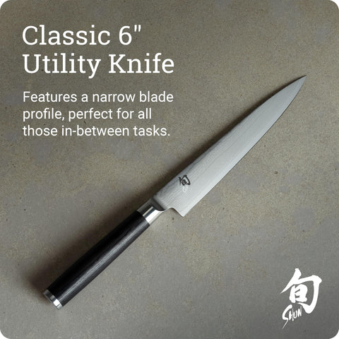 Shun Classic 6" handle close-up of D-shaped Pakkawood providing comfortable secure grip