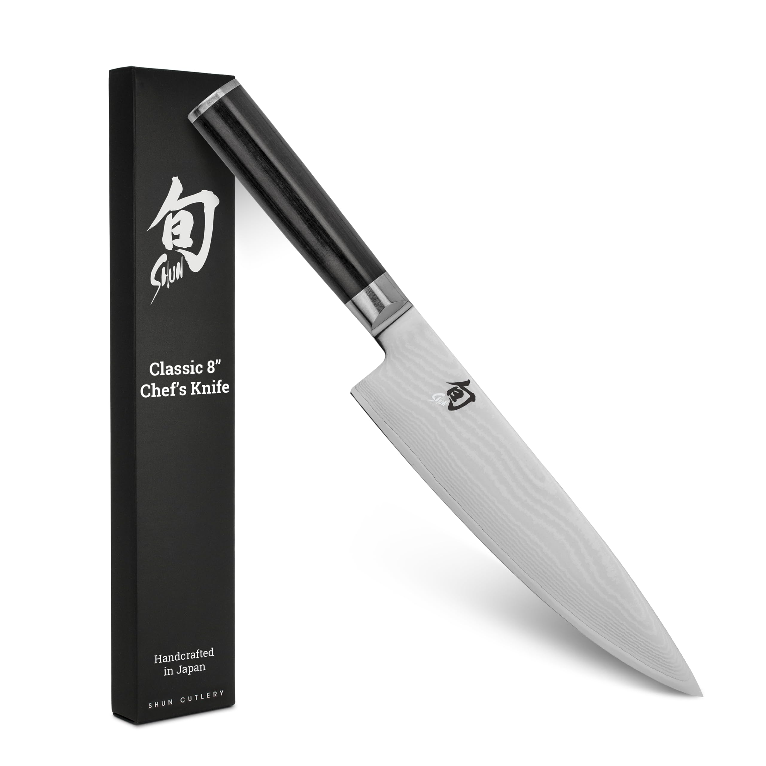 Shun front view of 8 inch chef's knife showing blade profile and balance benefit
