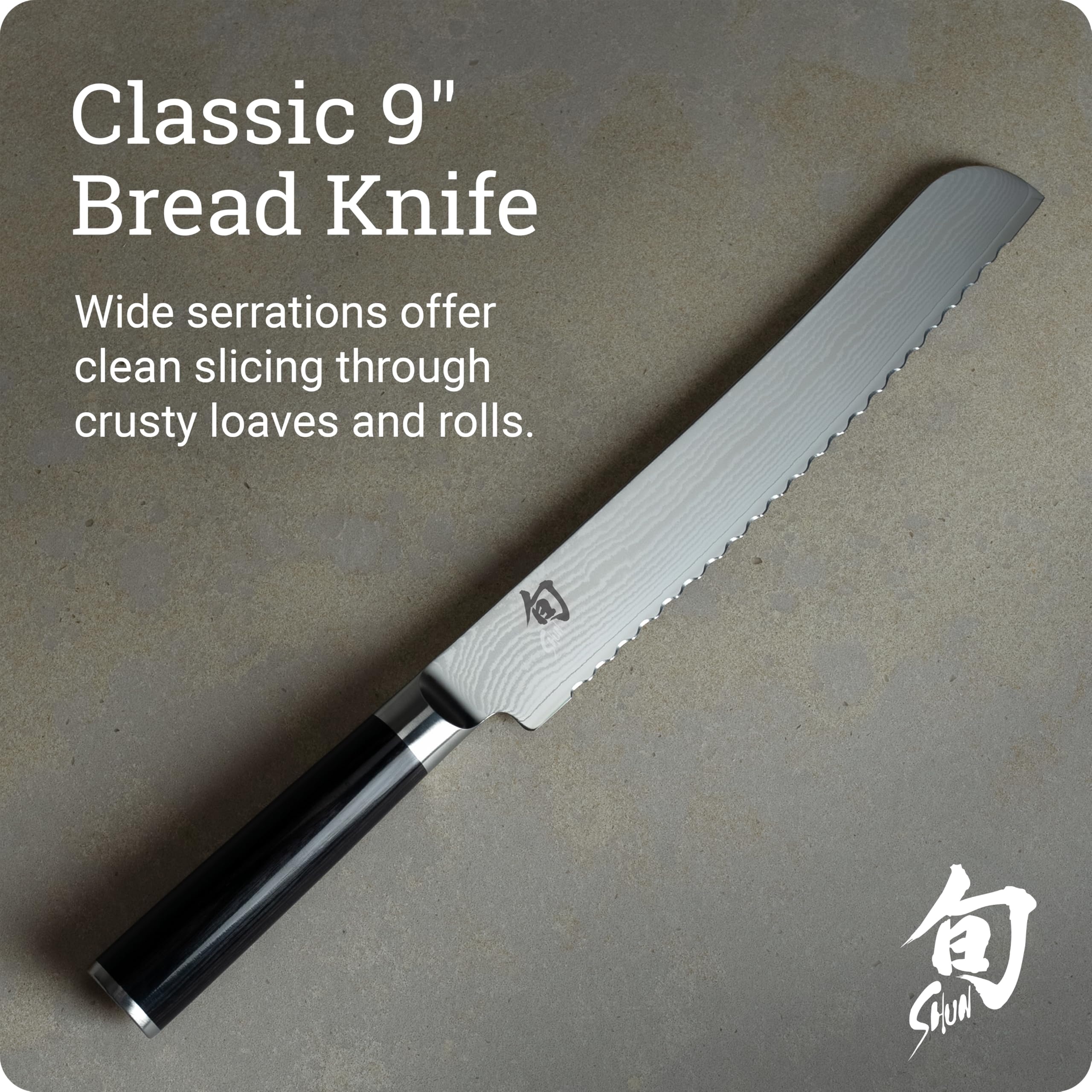 Shun Classic knife Damascus pattern closeup highlighting corrosion resistance