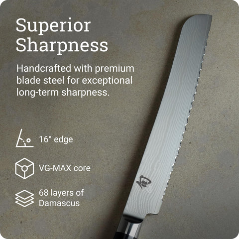 Shun Classic serrated edge detail showing sharp teeth for clean slicing