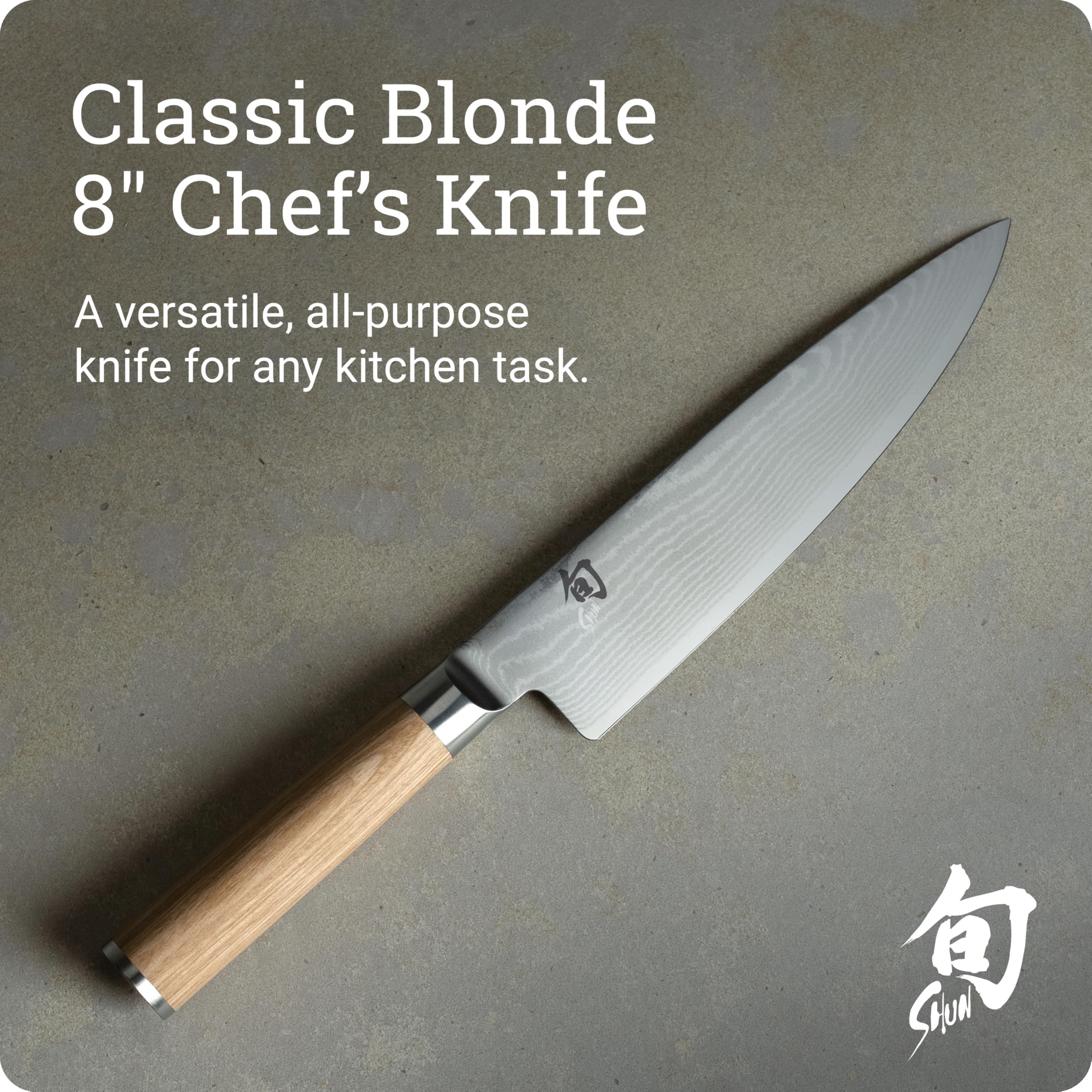 Shun classic blonde blade close-up highlighting Damascus layers and sharpness