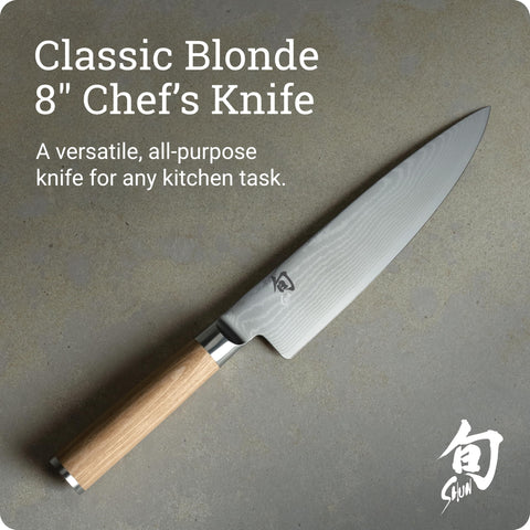 Shun classic blonde blade close-up highlighting Damascus layers and sharpness