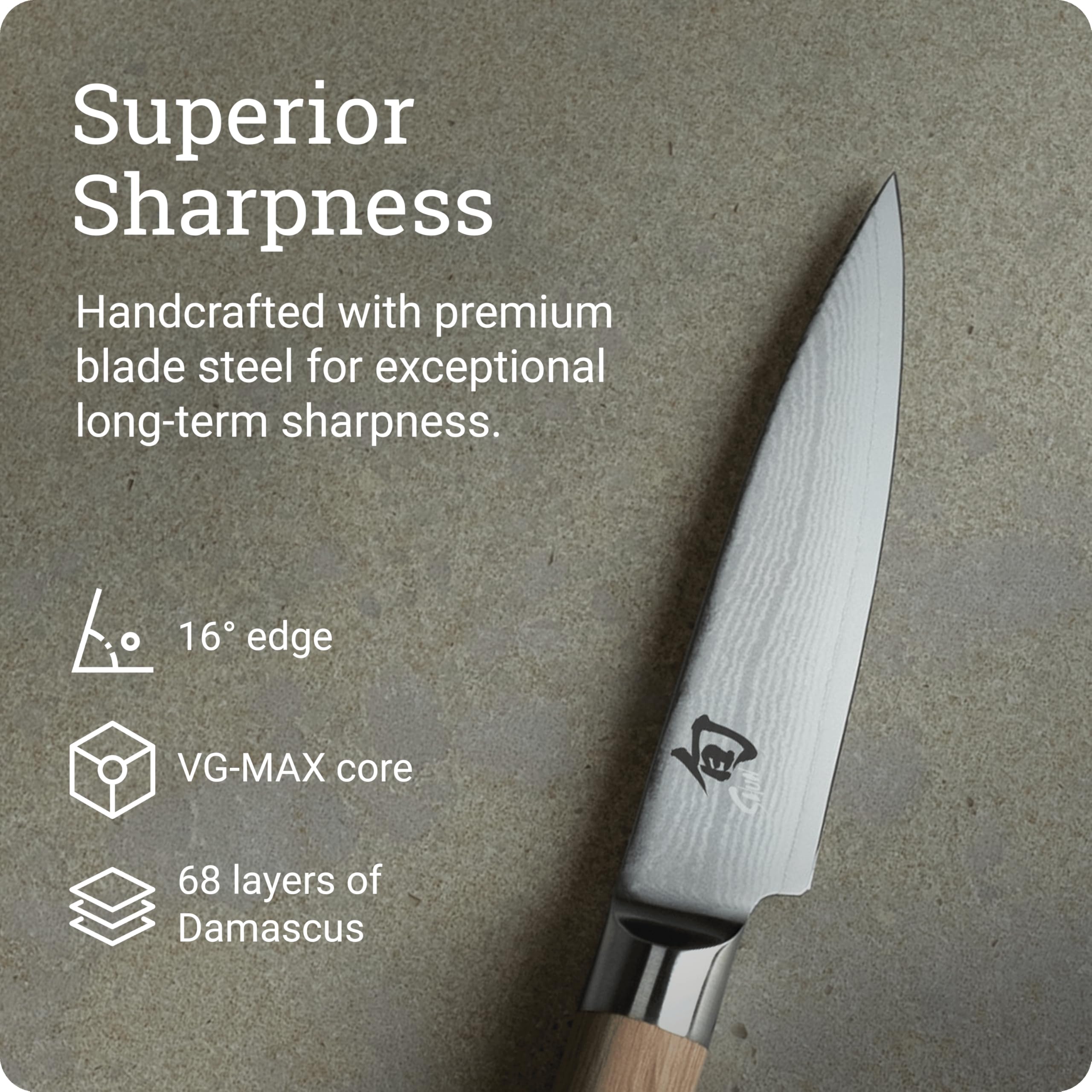 Shun Classic Blonde handle detail showing D-shaped Pakkawood grip comfort