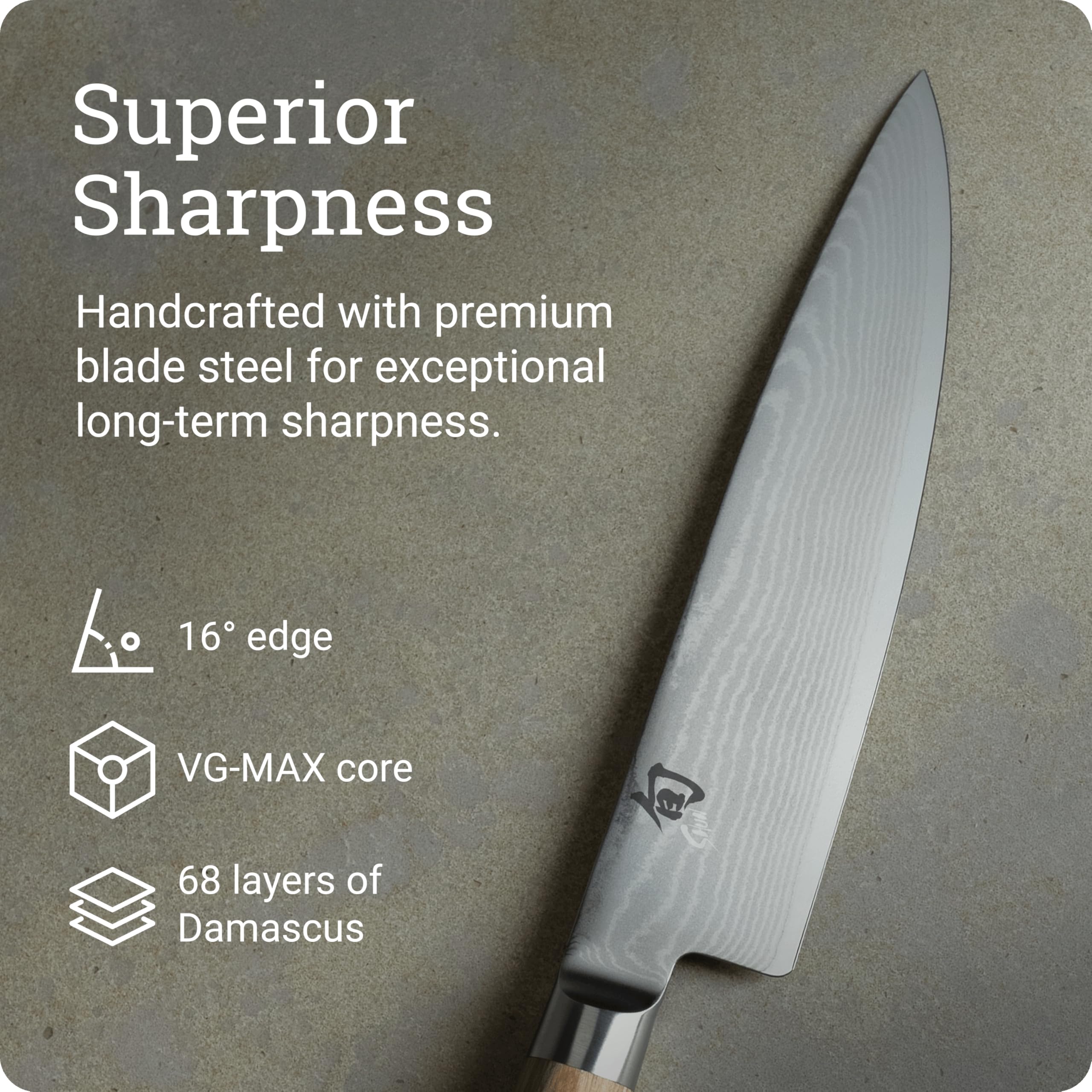 Shun classic blonde handle detail showing D-shaped Pakkawood for secure grip
