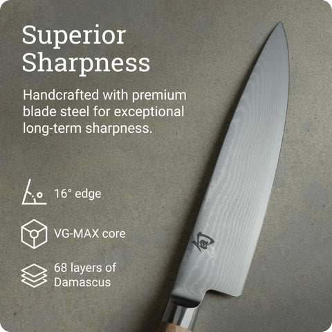 Shun classic blonde handle detail showing D-shaped Pakkawood for secure grip