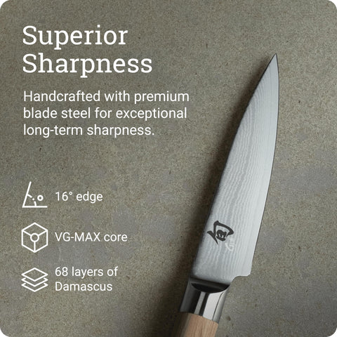 Shun Classic Blonde handle detail showing D-shaped Pakkawood grip comfort