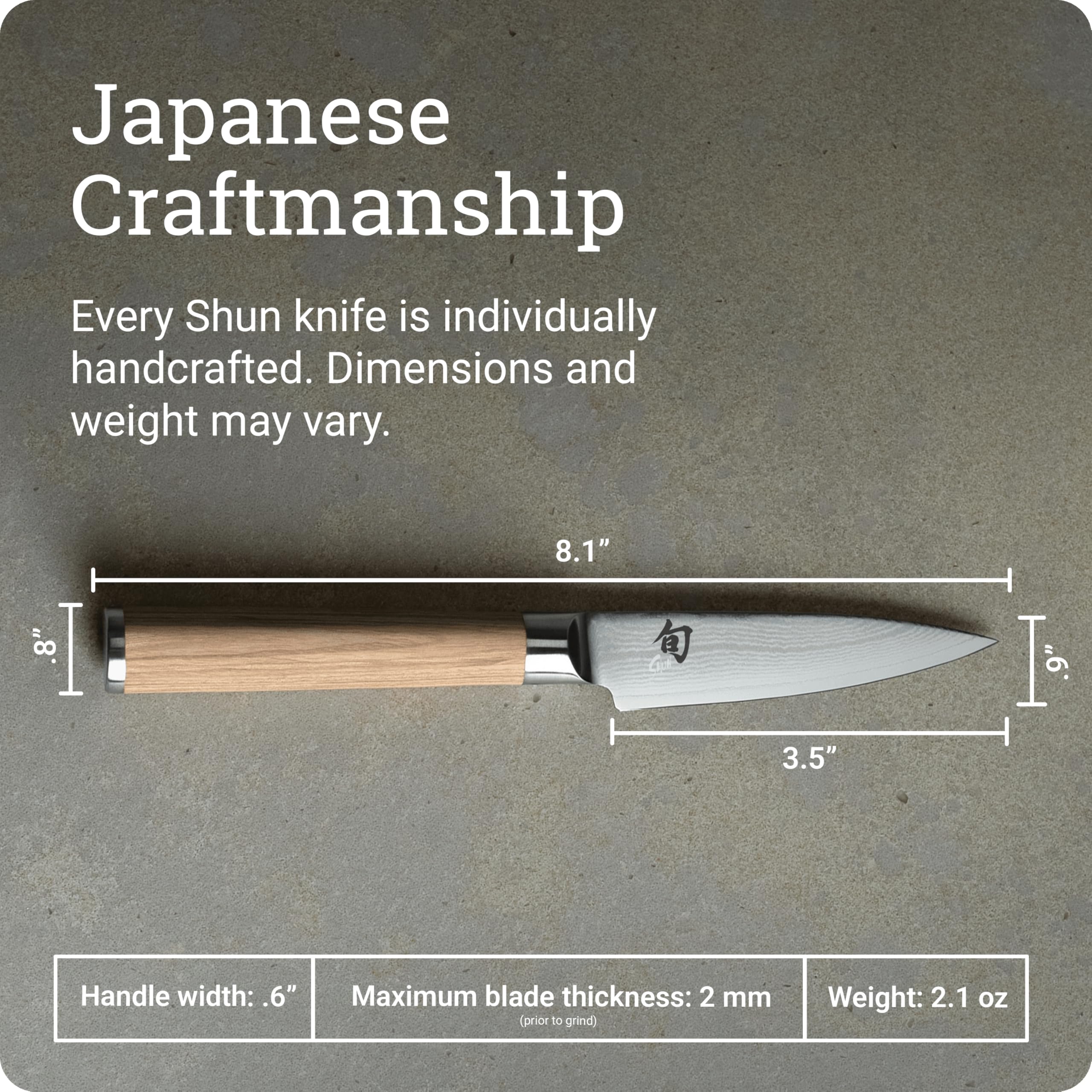 Shun Classic Blonde next to fingers showing 3.5-inch blade scale and accuracy