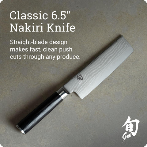 Shun classic nakiri blade close-up highlighting VG-MAX edge durability