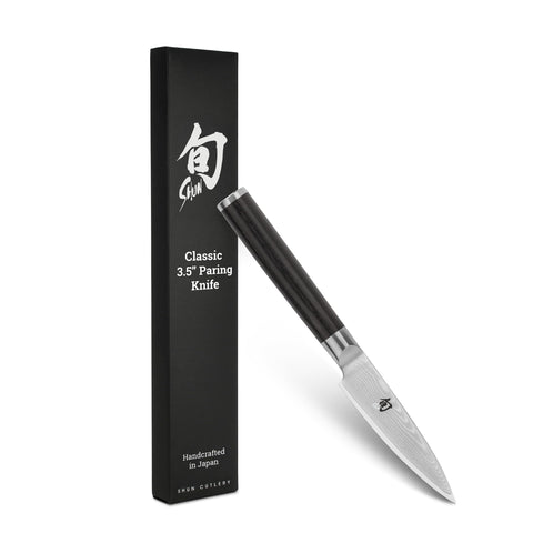 Shun classic paring knife front view showing slim blade and ergonomic handle benefit precise control