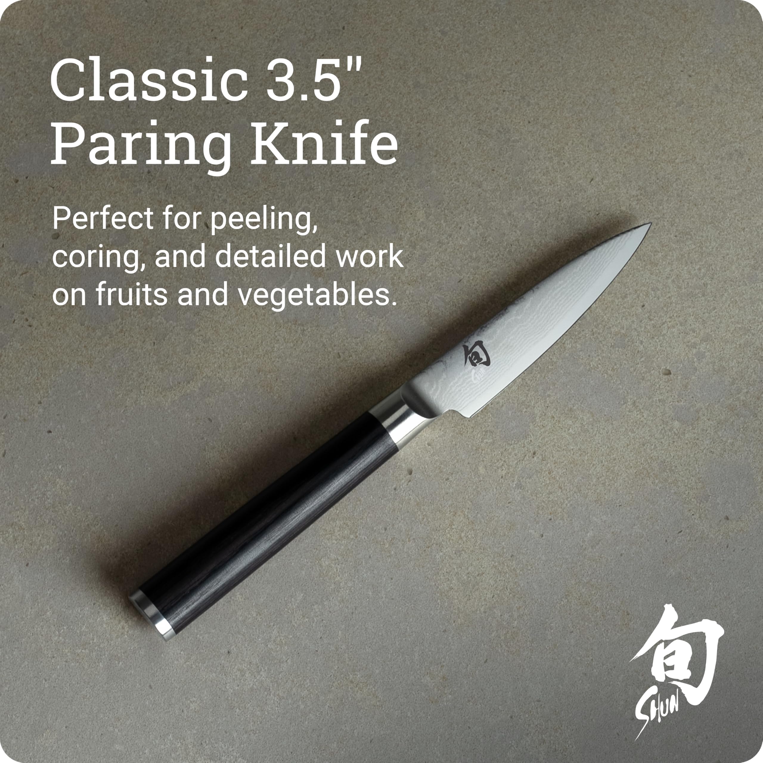 Shun classic paring knife handle detail displaying D‑shaped Pakkawood for comfortable grip