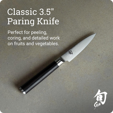 Shun classic paring knife handle detail displaying D‑shaped Pakkawood for comfortable grip