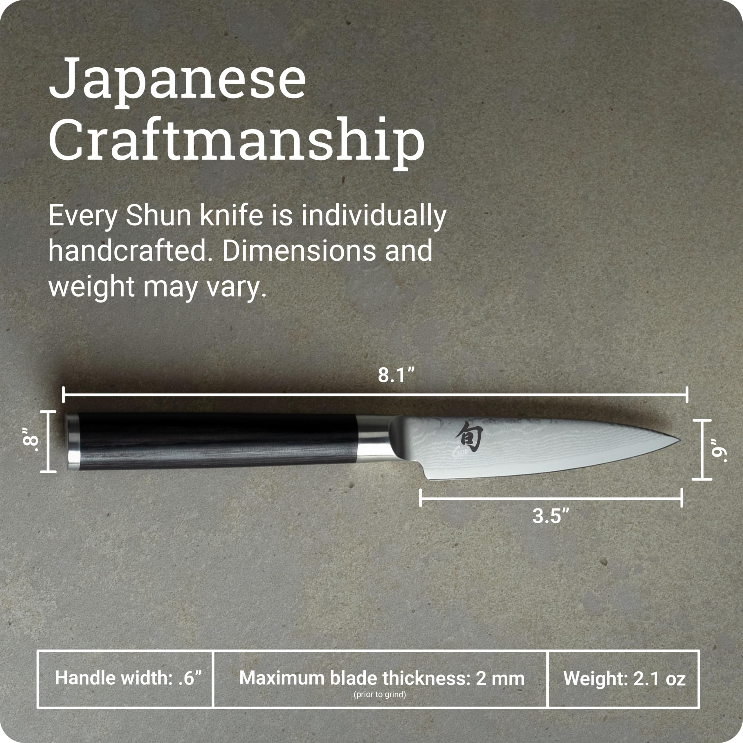 Shun classic paring knife next to ruler illustrating compact 3.5 inch blade for close work