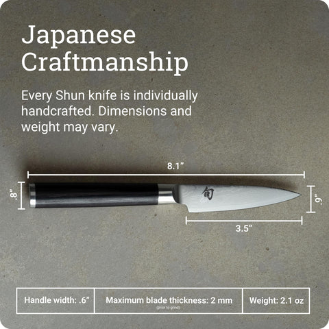 Shun classic paring knife next to ruler illustrating compact 3.5 inch blade for close work