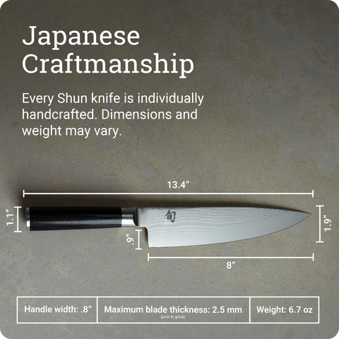 Shun scale comparison on cutting board showing knife size for portioning and prep