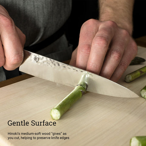 Shun hinoki double-sided board in use showing one side prepped one side served for versatility