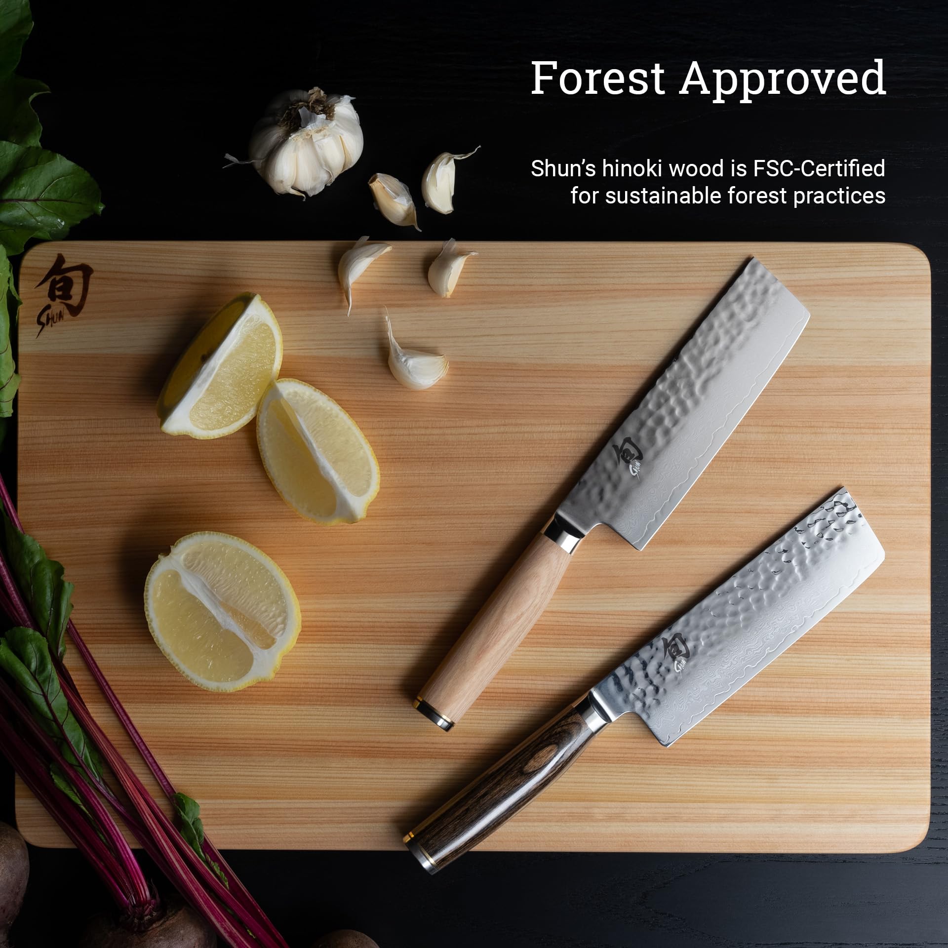 Shun hinoki edge finish detail exhibiting hand-finished smooth edges that resist splintering