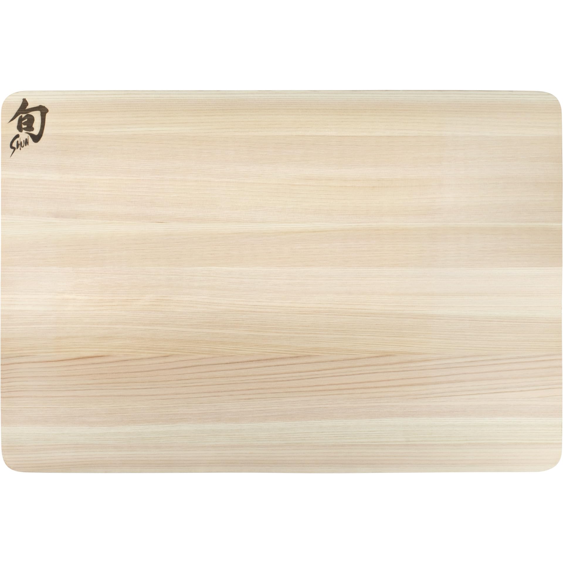 Shun hinoki cutting board front view showcasing smooth surface and elegant color benefit presentation