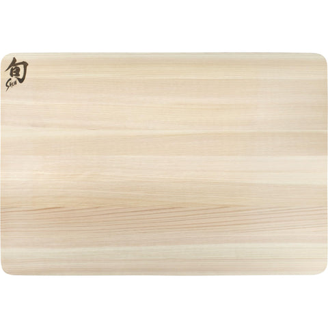Shun hinoki cutting board front view showcasing smooth surface and elegant color benefit presentation