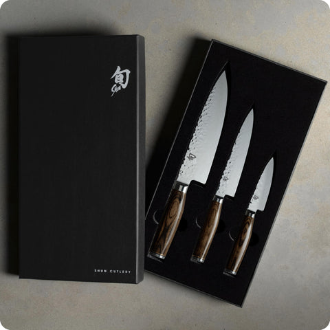 Shun premier 8-inch chef blade closeup highlighting sharp VG-MAX edge