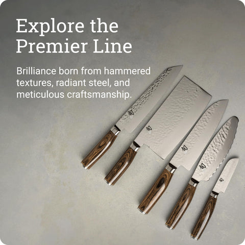 Shun premier in use chopping vegetables demonstrating smooth precise cuts