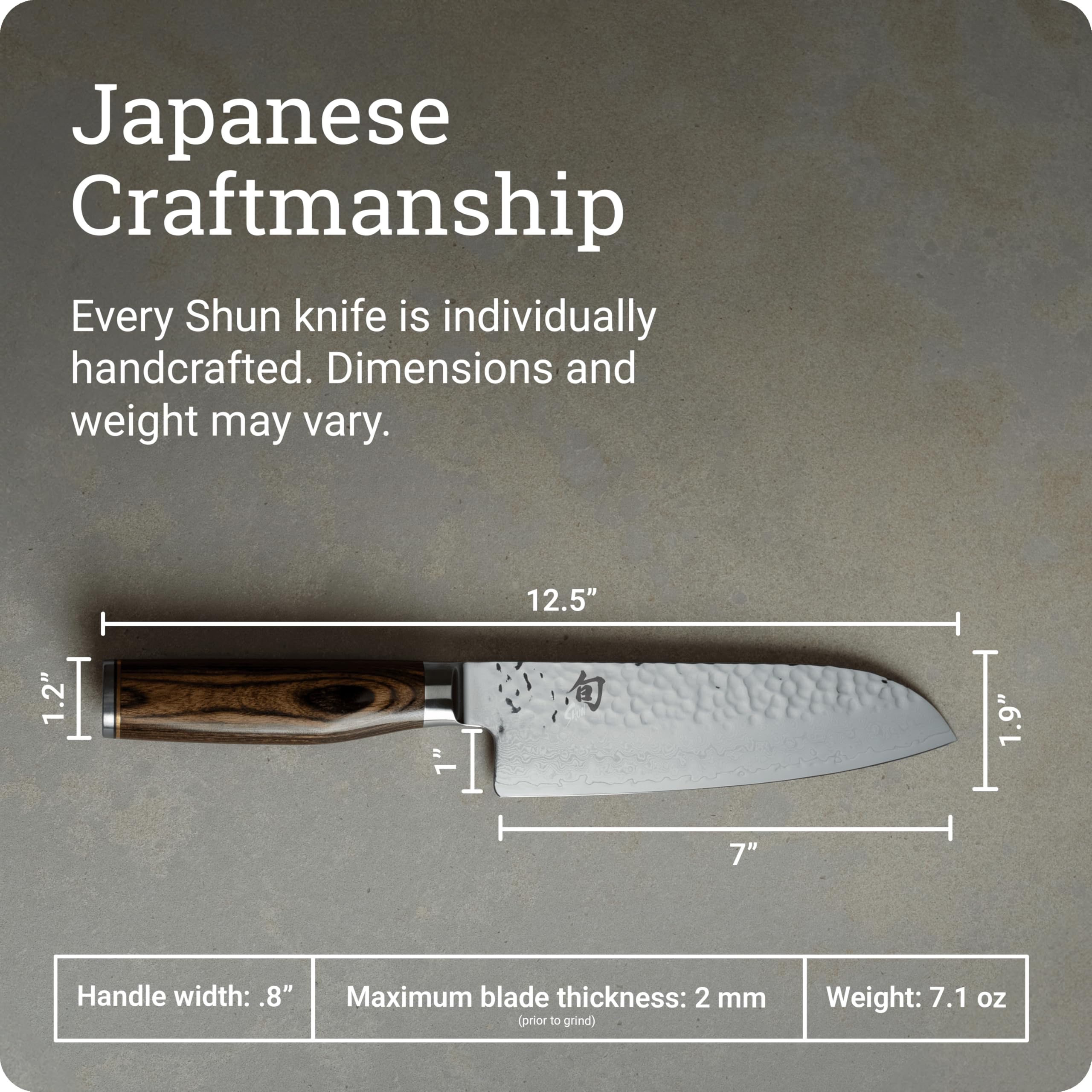 Shun Premier next to ruler for scale indicates 7-inch blade size and reach