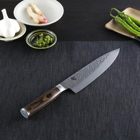 Shun Premier tsuchime hammered finish close-up reduces drag benefit