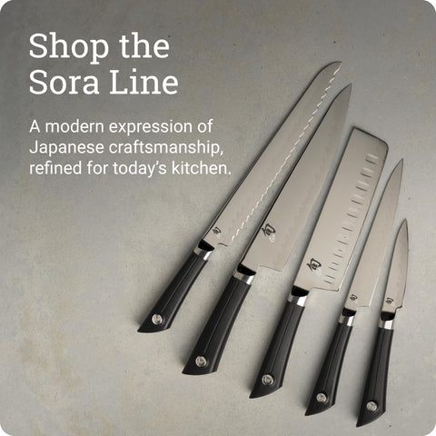 Shun Sora blade label and steel layers showing San Mai construction benefit