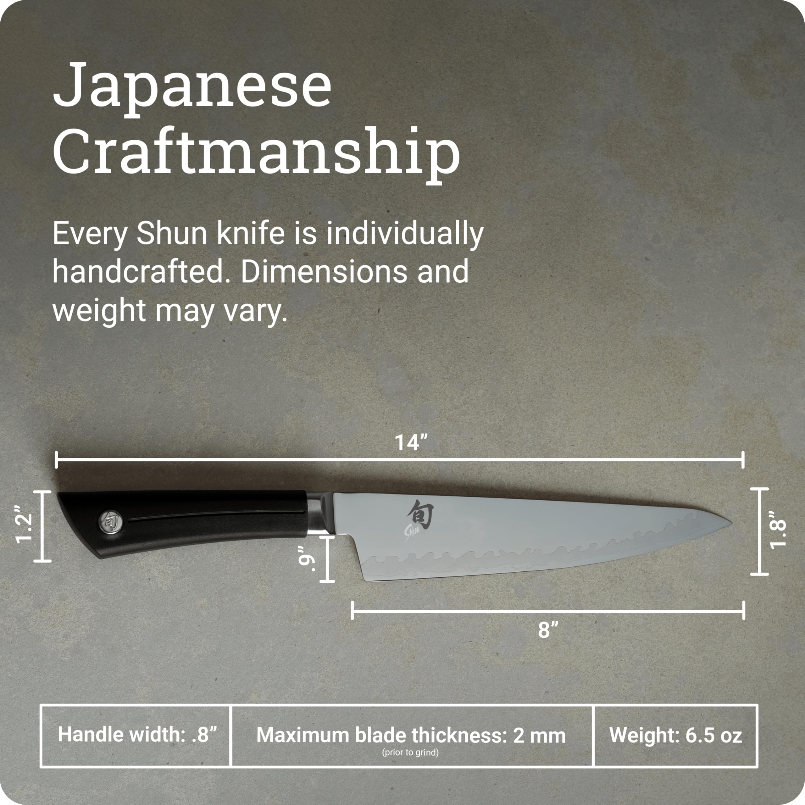 Shun Sora size comparison in hand illustrating eight-inch scale and ergonomic balance