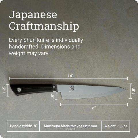 Shun Sora size comparison in hand illustrating eight-inch scale and ergonomic balance