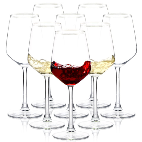 SHYRC front view of eight clear long-stem glasses showing elegant set