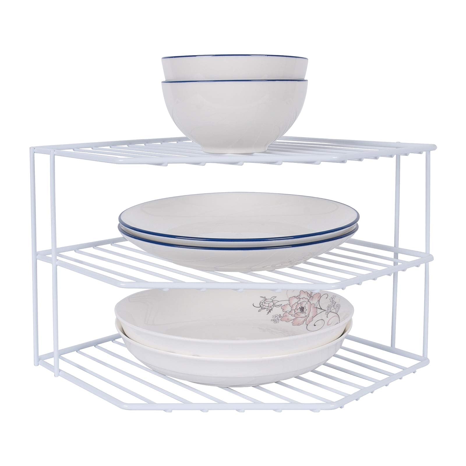 SIBAO front view of 3-tier corner shelf showing neat countertop storage benefit