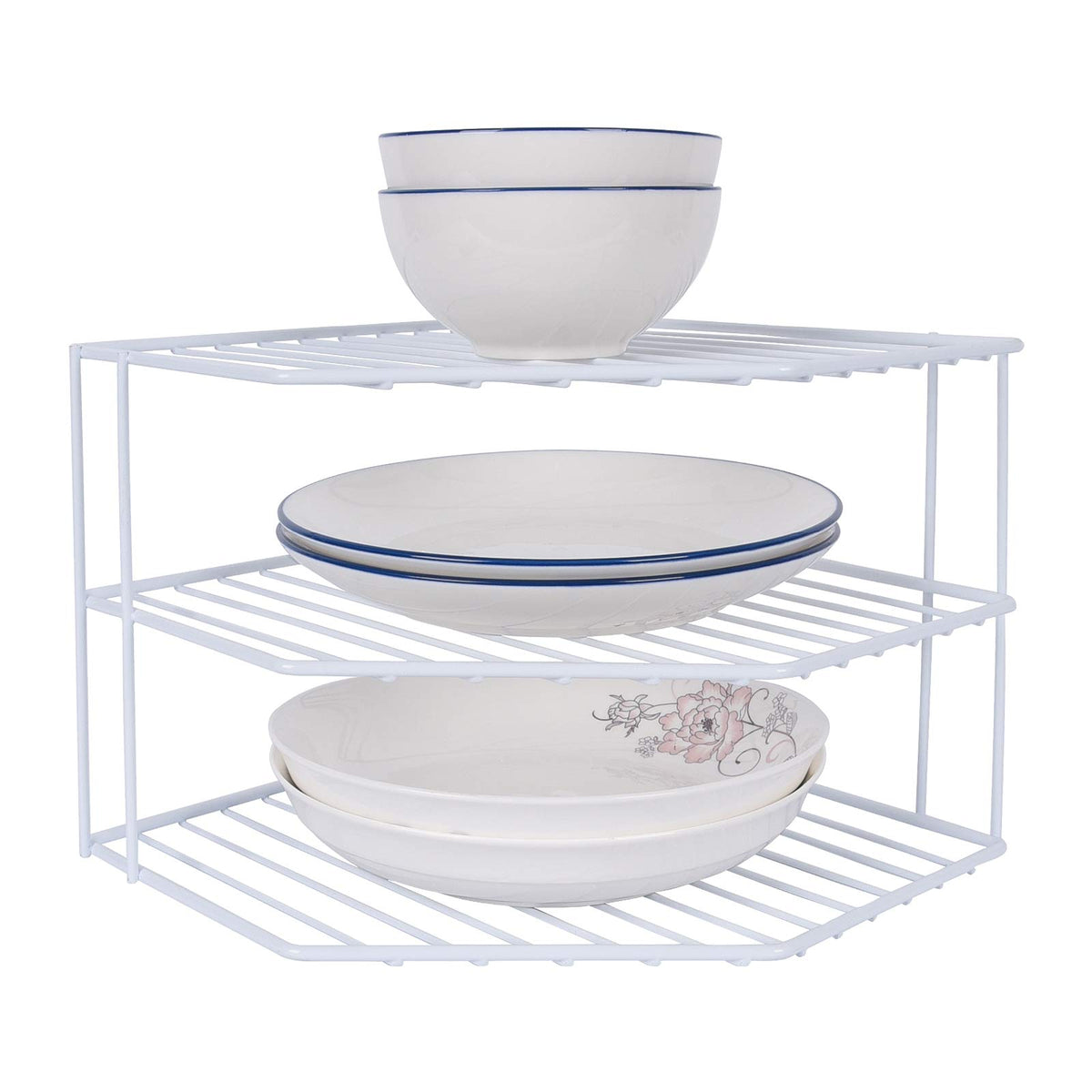 SIBAO front view of 3-tier corner shelf showing neat countertop storage benefit
