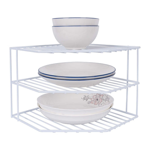 SIBAO front view of 3-tier corner shelf showing neat countertop storage benefit